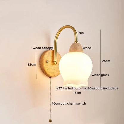 Modern brass and wood tulip led wall lamp with frosted white glass shade for living room decorbites led wall lamps