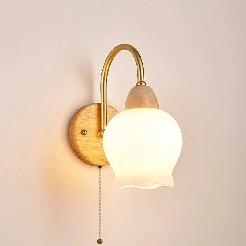 Modern brass and wood tulip led wall lamp with frosted glass shade for living room decorbites led wall lamps