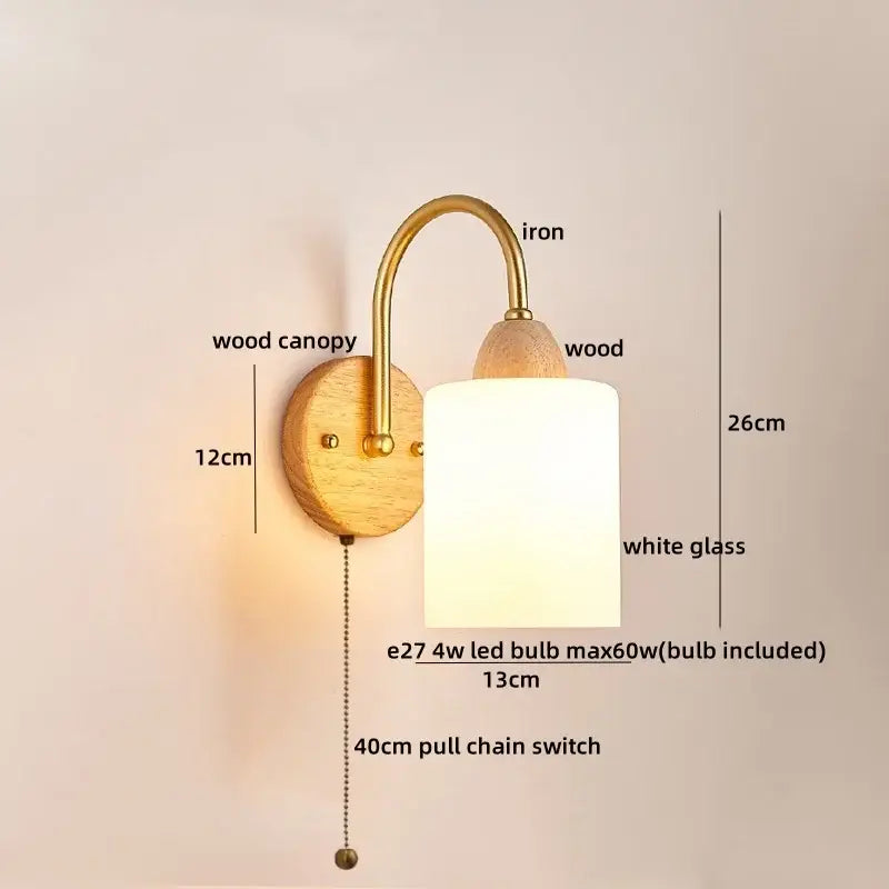 Modern brass and wood tulip led wall lamp with white frosted shade and pull chain switch for living room decorbites led wall use