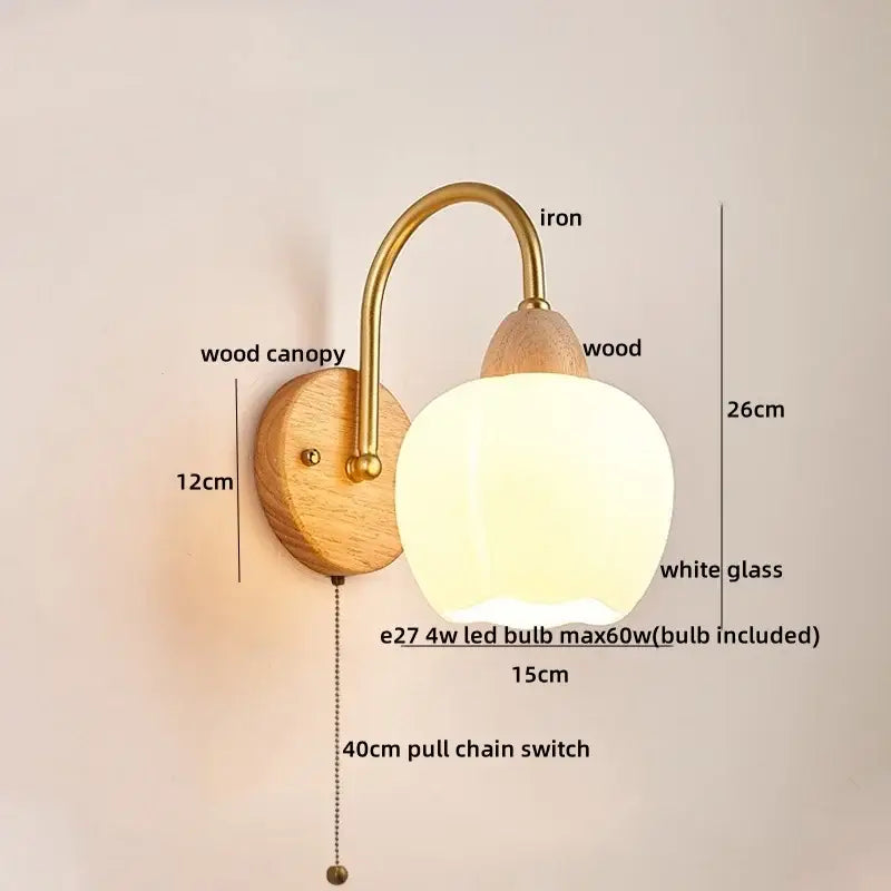 Modern brass and wood tulip led wall lamp with round white glass shade and 40cm pull chain switch for living room decorbites led wall lamps