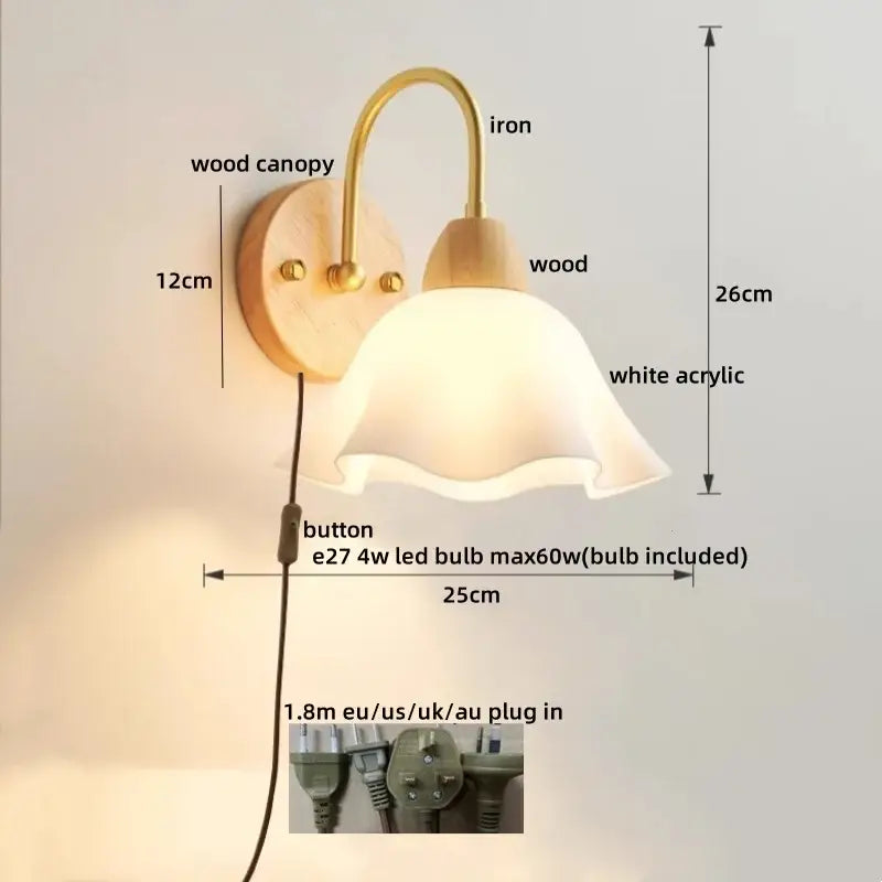 Modern brass and wood tulip led wall lamp with warm-toned wooden canopy and white acrylic shade for living room decorbites led wall use