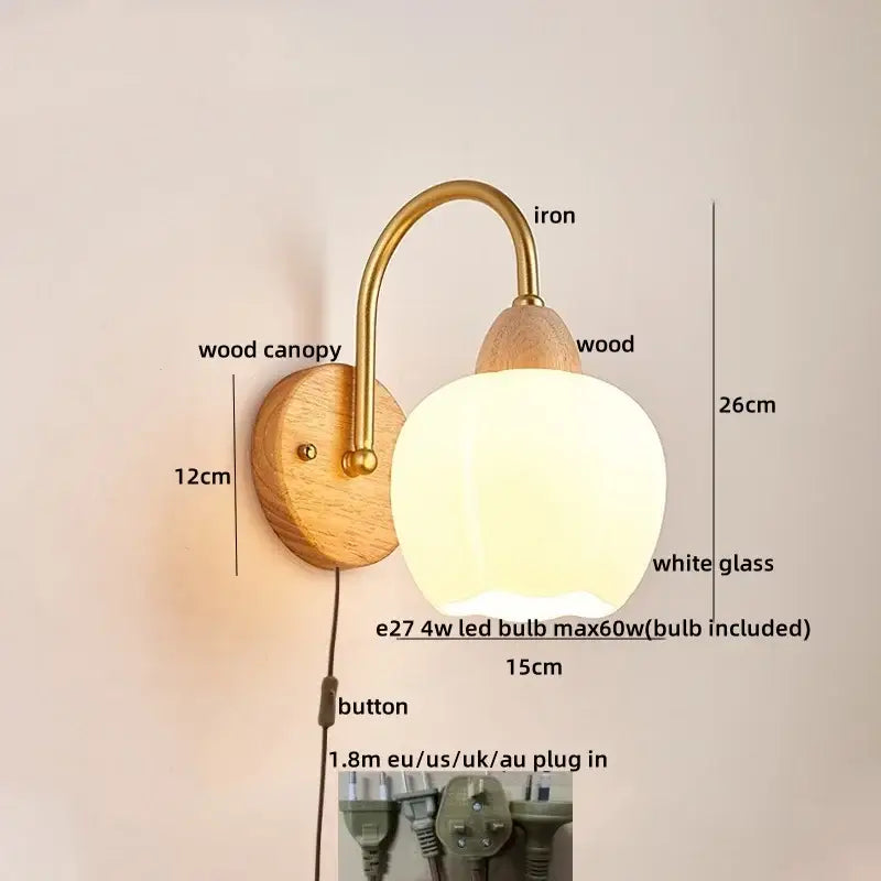 Modern brass and wood tulip led wall lamp with frosted glass globe perfect for living room decorbites led wall lamps