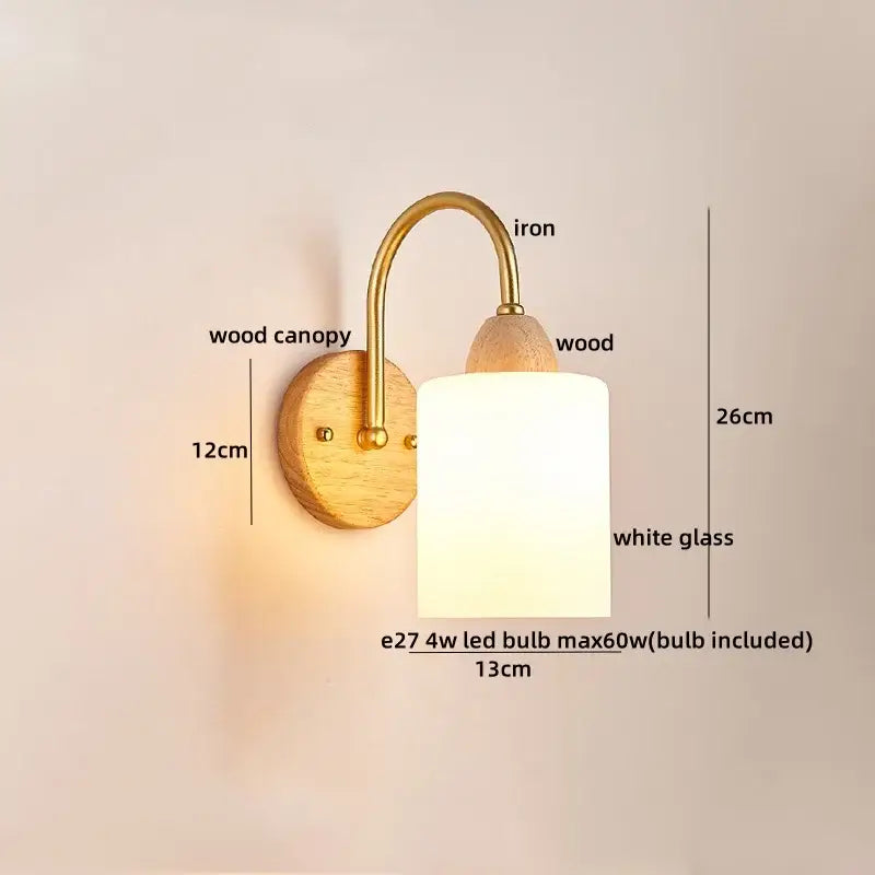 Modern brass and wood tulip led wall lamps with a warm-toned brass arm and white glass shade for living room decorbites led wall lamps