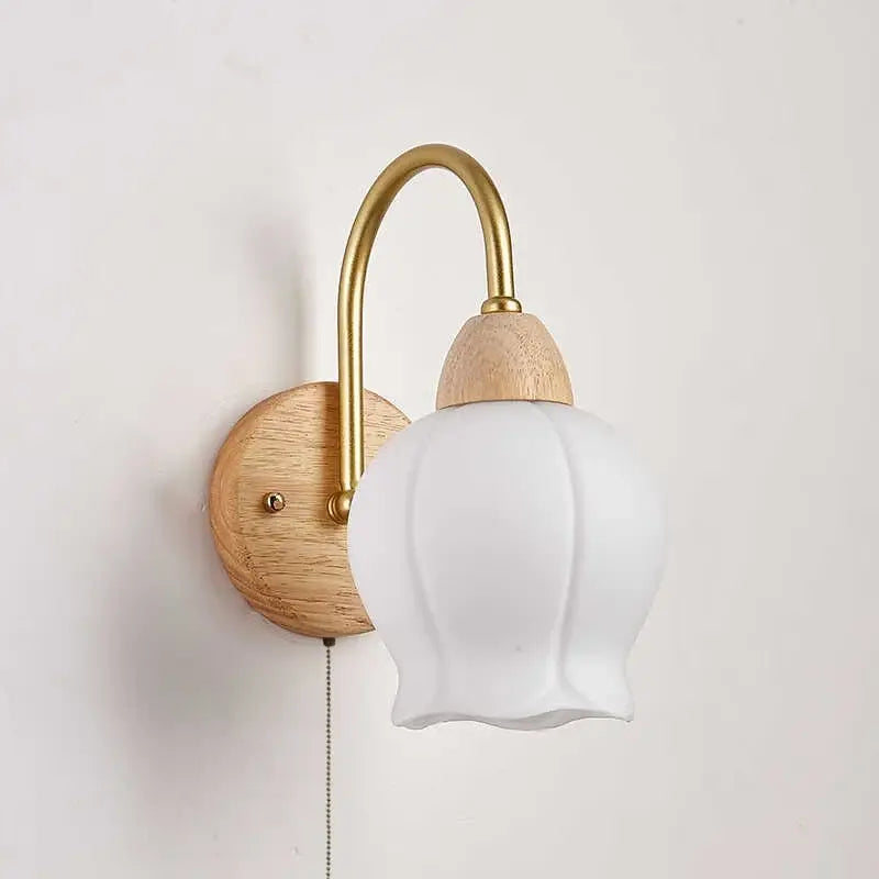 Modern brass and wood tulip led wall lamps feature white frosted glass with a wooden base for stylish living room decorbites led wall lighting