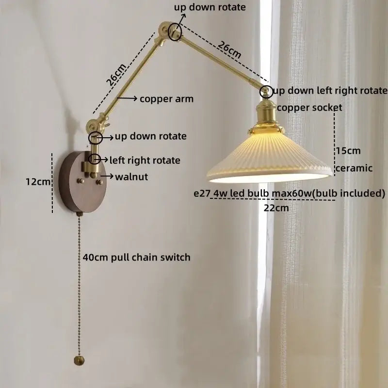 Adjustable brass copper arm wall light with ribbed decorbites ceramic copper shade and included ceramic copper led bulb