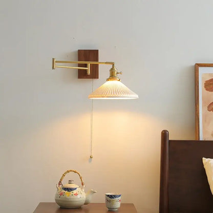 Modern brass and wood wall light with ribbed off-white glass shade for bedroom decor including decorbites ceramic copper led