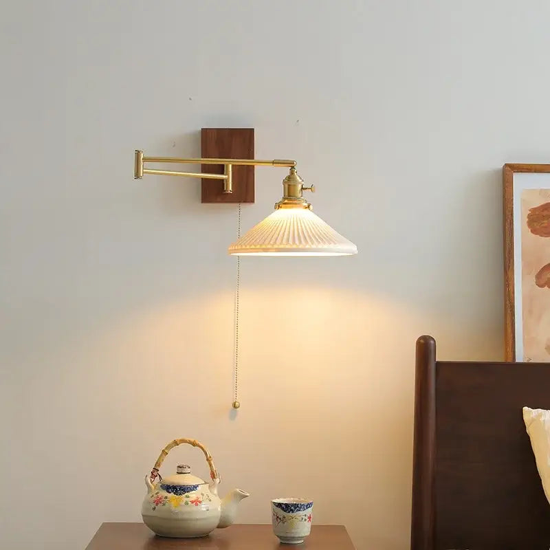 Modern brass and wood wall light with ribbed off-white glass shade for bedroom decor including decorbites ceramic copper led