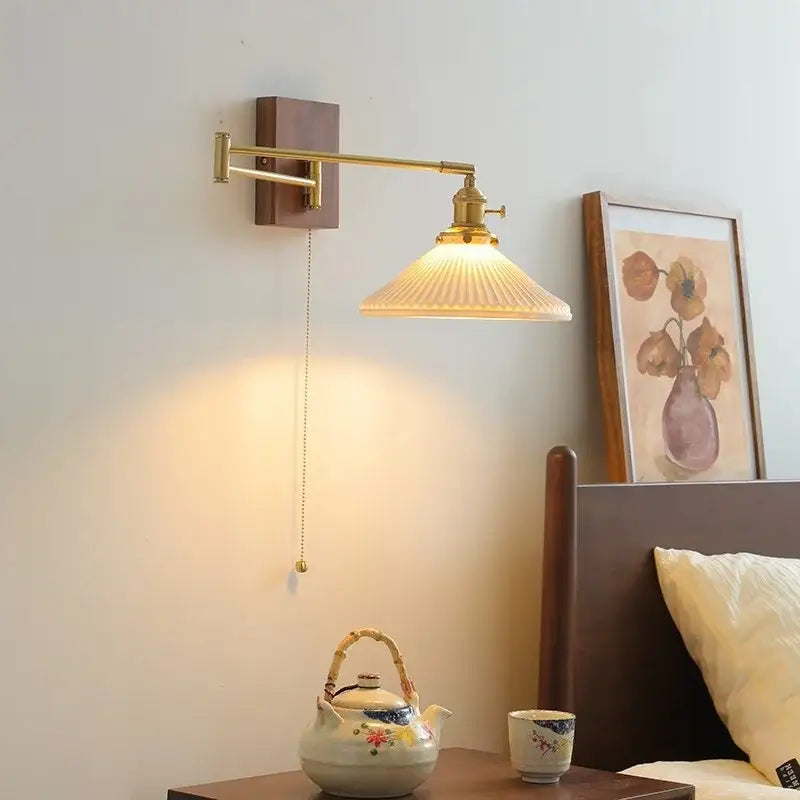 Modern brass and wood wall light with ribbed translucent glass shade for bedroom reading decorbites ceramic copper led