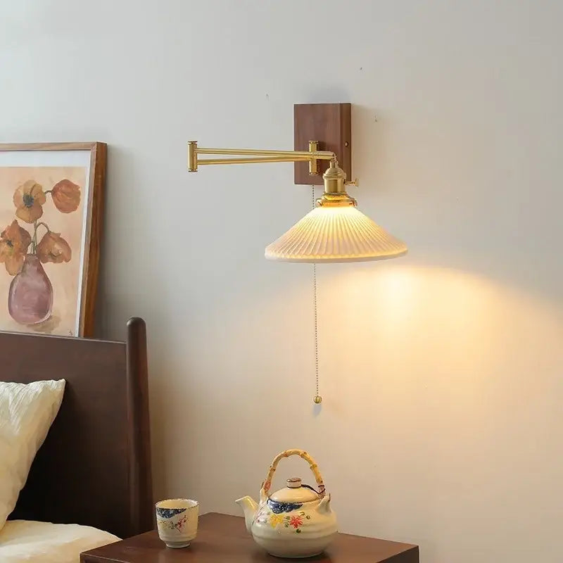 Modern brass and wood wall light with fluted off-white glass shade ideal for bedroom reading decorbites ceramic copper led
