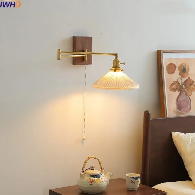 Modern brass and wood wall light with ribbed translucent glass shade ideal for bedroom reading and decorbites ceramic copper