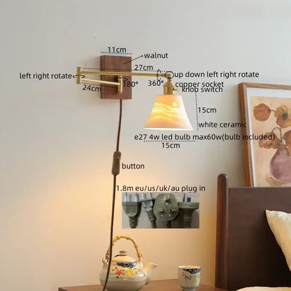 Modern brass and wood wall light with warm-toned white ceramic copper led lampshade featuring subtle gradient design