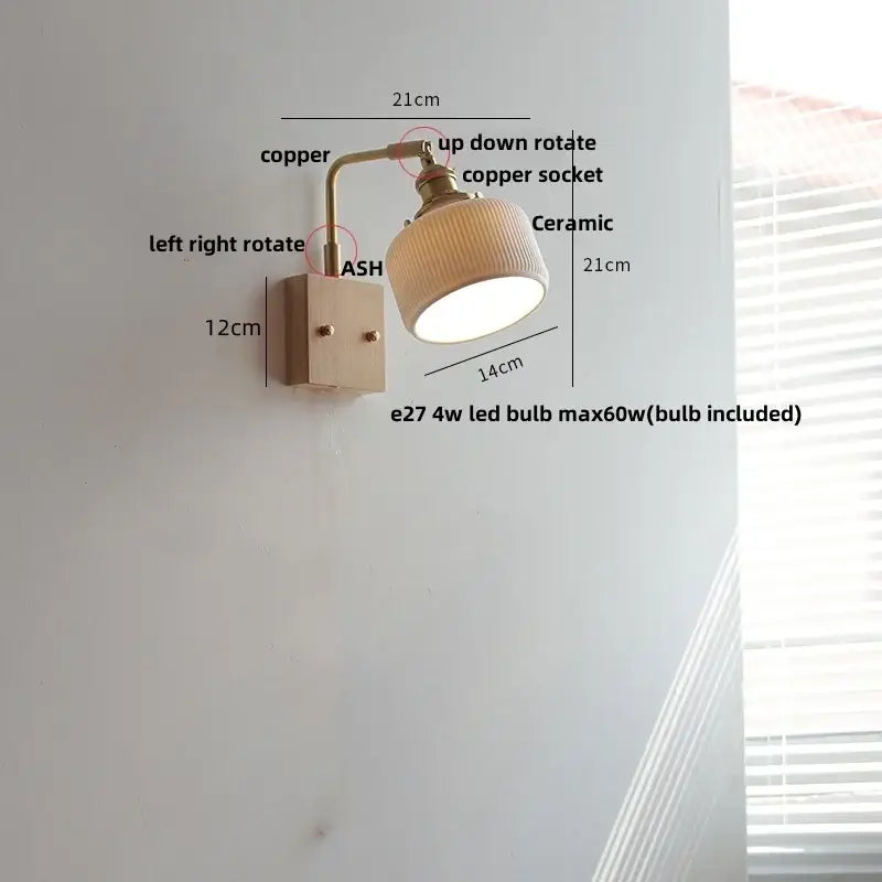 Copper-finished adjustable wall light fixture with ribbed ceramic shade for modern bedroom lighting