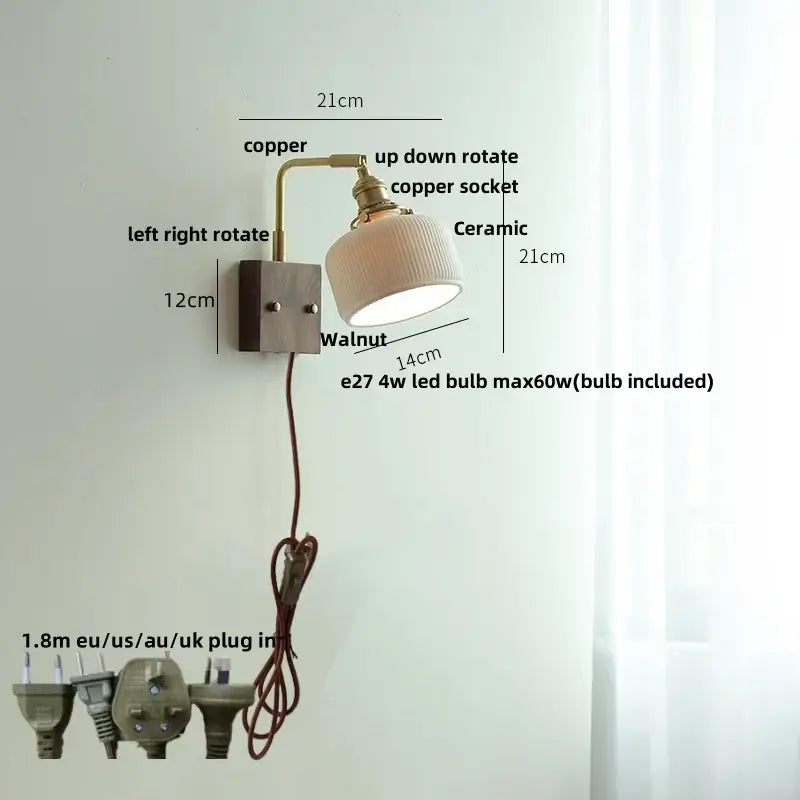 Modern brass and wood wall light fixture with copper and walnut accents and a ribbed ceramic shade for bedroom use