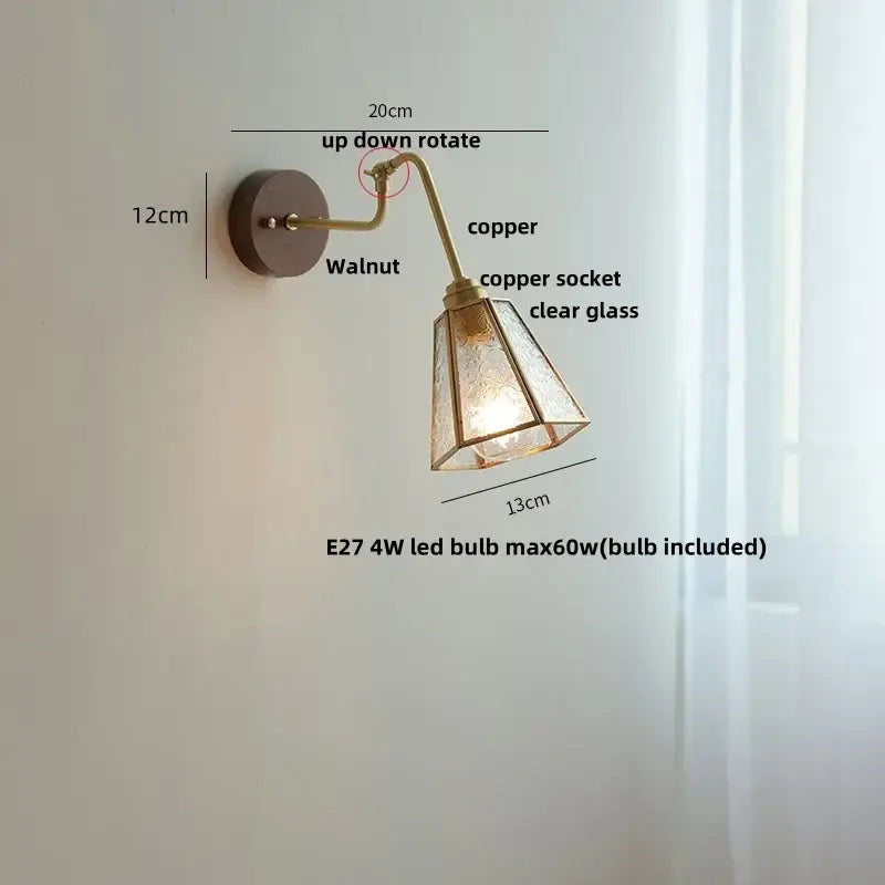Modern brass and wood wall sconce with copper adjustable arm, amber led, and clear textured glass for decorbites copper glass decor