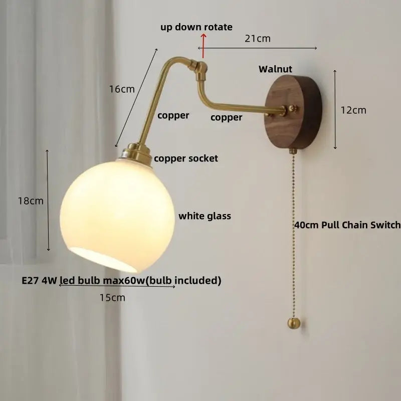 Modern copper-finished wall sconce with round white glass shade and walnut wood backplate amber led decorbites copper glass
