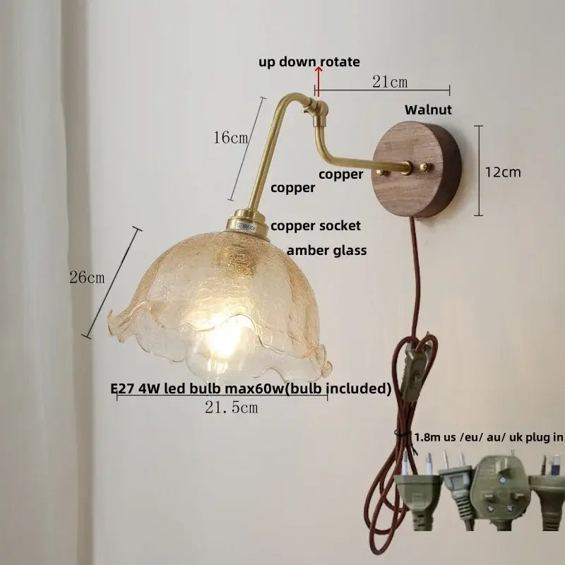 Modern brass and wood wall sconce with copper glass amber led shade and walnut-finished mounting plate decorbites