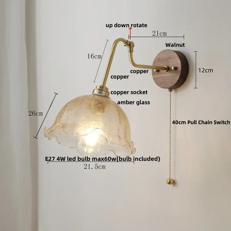 Copper wall sconce with fluted amber led glass shade and walnut-finished mounting plate by decorbites copper glass