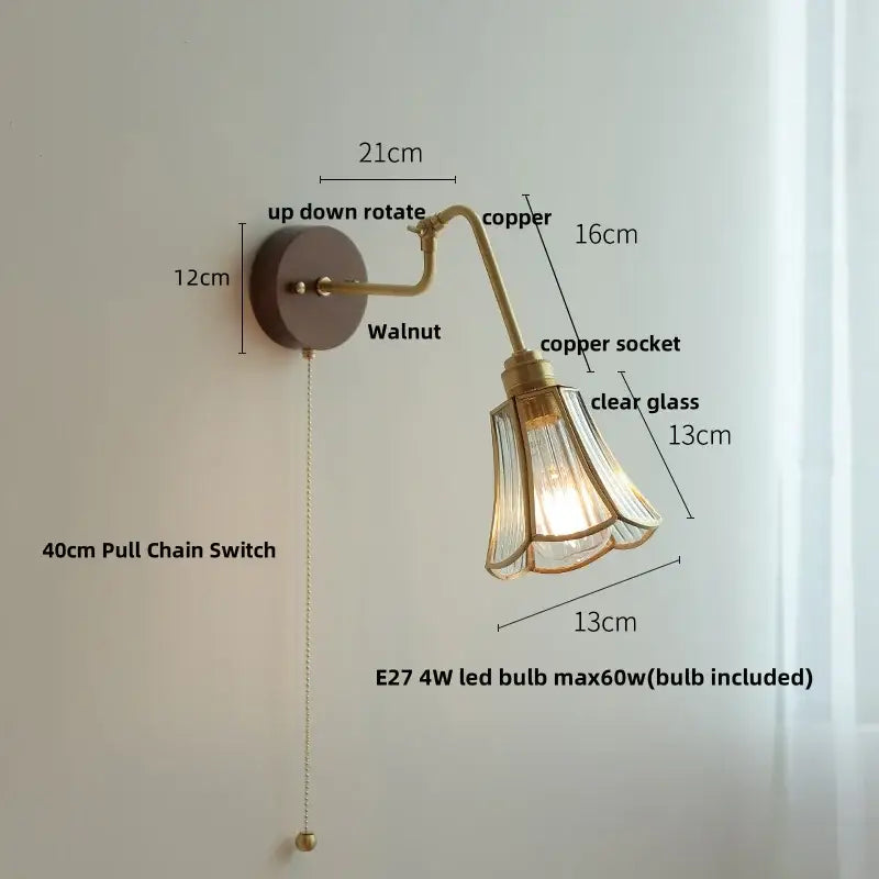 Modern brass and wood wall sconce with copper glass shade amber led and walnut-finished mounting plate decorbites copper glass