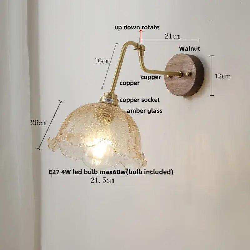 Modern brass and wood wall sconce with warm amber led glass lamp copper finish and walnut decorbites copper glass plate