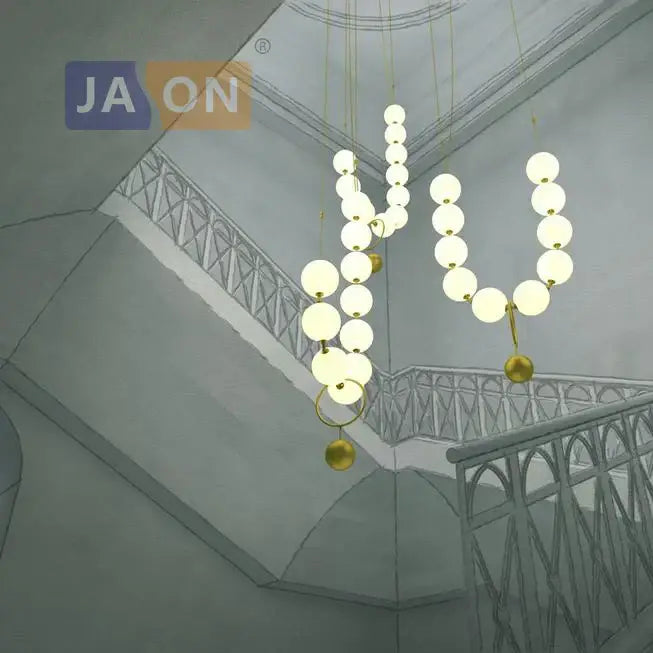 Modern brass artistic necklace chandelier pendant light with spherical white glass bulbs and gold-toned metal accents