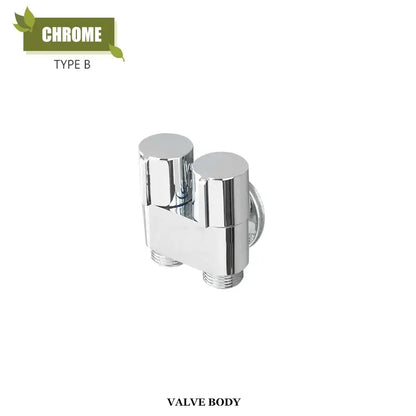 Chrome finished type b valve body with sleek metallic surface and threaded connections for modern brass bidet faucet set