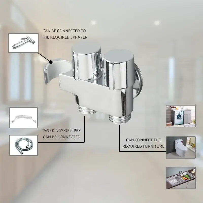 Modern brass bidet faucet set with chrome finish dual handles, integrated spray nozzle, and flexible hose attachments
