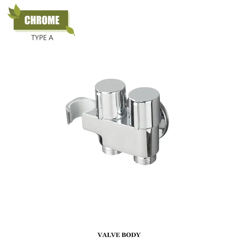 Chrome-finished brass bidet faucet set with dual cylindrical handles and threaded connections for wall sprayer use