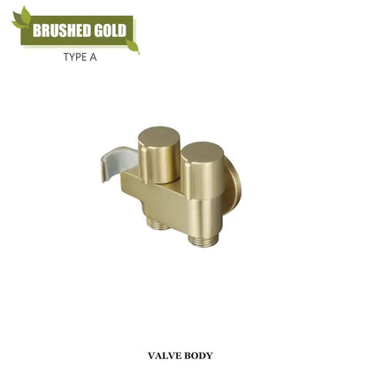 Modern brass bidet faucet set featuring a brushed gold valve body with dual cylindrical handles for bathroom use