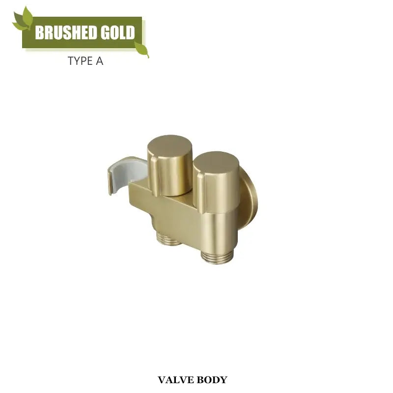Modern brass bidet faucet set featuring a brushed gold valve body with dual cylindrical handles for bathroom use