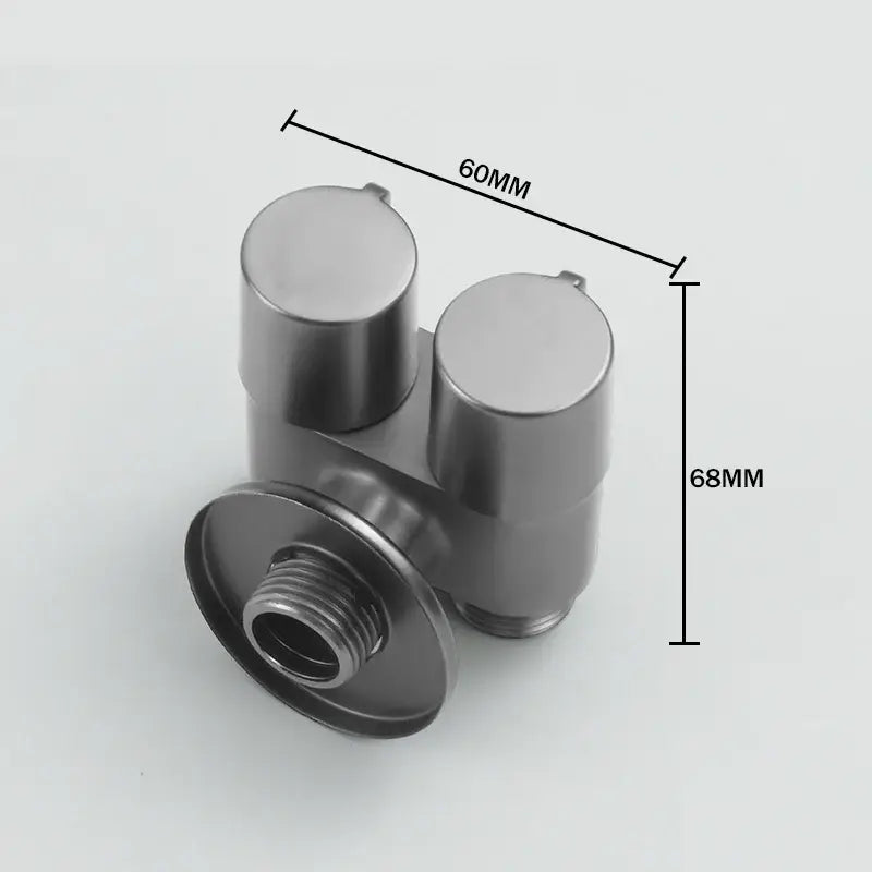 Modern brass bidet faucet set with silver-toned metal dual outlet faucet featuring threaded connections and cylindrical design