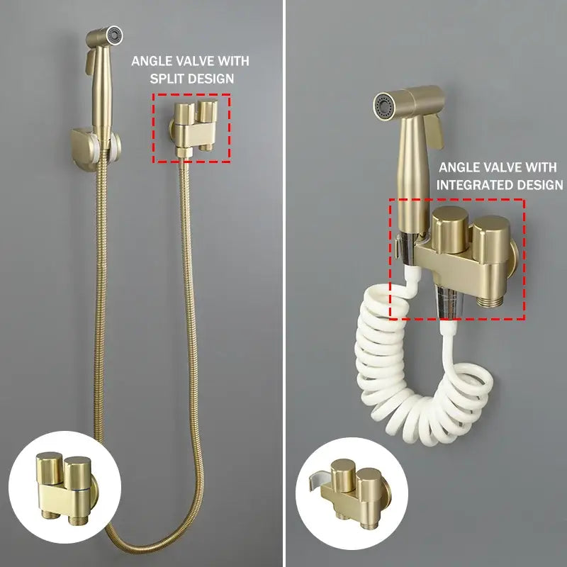 Modern brass bidet faucet set with gold-finished wall-mounted angle sprayer and gold or white coiled hose faucet set