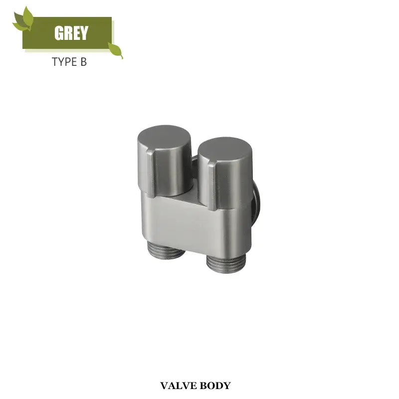 Modern brass bidet faucet set with grey metallic valve body, dual cylindrical handles, and threaded ports for wall sprayer