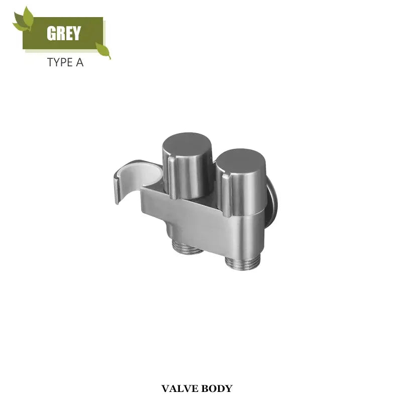 Modern brass bidet faucet set with grey metallic valve body featuring dual cylindrical handles and threaded connections