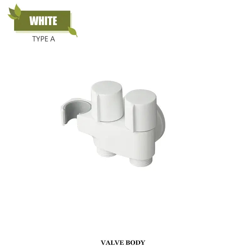 White plastic valve body with two cylindrical handles and curved bracket for modern brass bidet faucet set installation