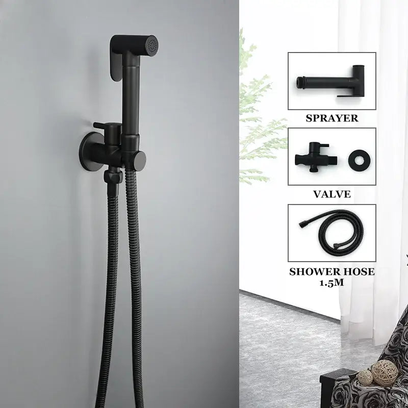 Black matte bidet spray kit with wall-mounted handheld sprayer flexible coiled hose and integrated valve assembly