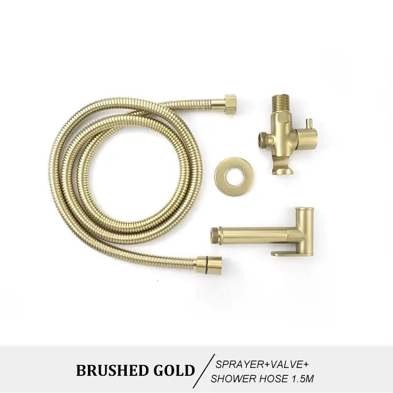 Modern brass bidet spray kit with brushed gold coiled hose 1.5m flexible braided tube valve and nozzle assembly