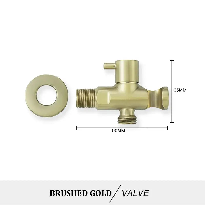 Brushed gold modern brass bidet spray kit valve with circular flange and threaded connections for bathroom use