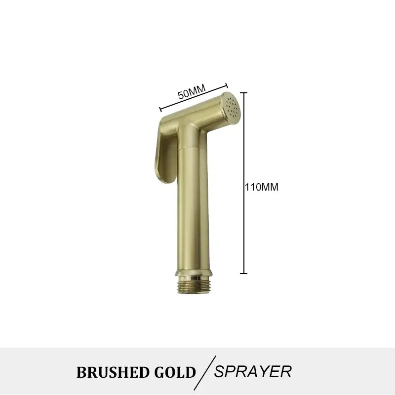Modern brass bidet spray kit with brushed gold handheld sprayer featuring sleek design and precise measurement markings