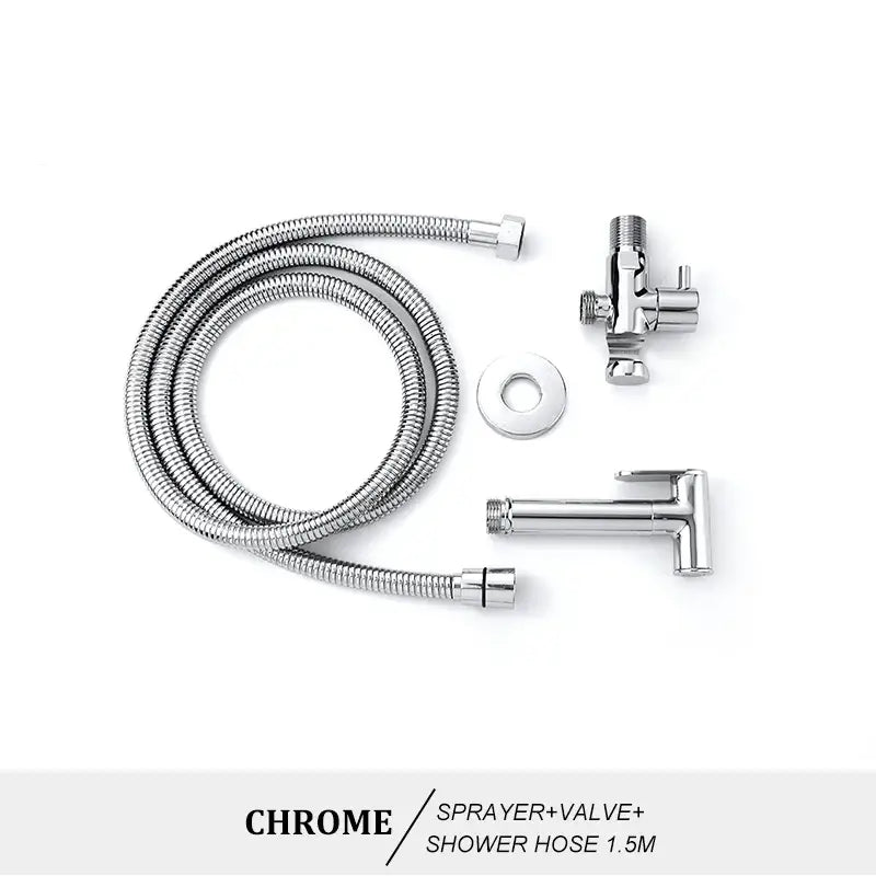 Modern brass bidet spray kit with chrome-finished flexible coiled hose and matching spray head and valve assembly