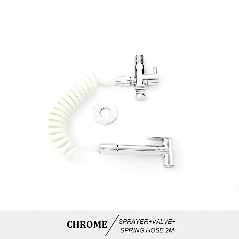 Modern brass bidet spray kit with chrome finish, 2-meter coiled spring hose, and matching valve assembly for bathroom use