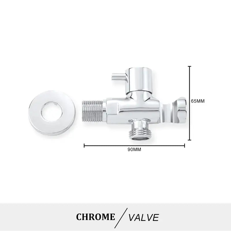 Chrome-finished triangular valve with threaded connections and circular flange for modern brass bidet spray kit with coiled hose