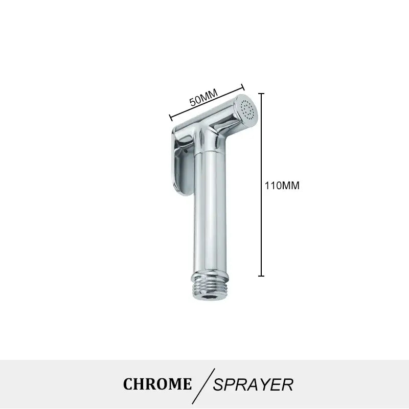 Modern brass bidet spray kit featuring a chrome-finished handheld bidet spray with a sleek cylindrical body and perforated nozzle