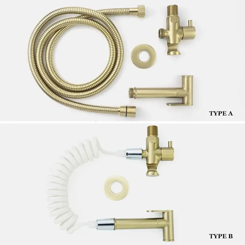 Modern brass bidet spray kit with gold-finished brass faucet set featuring coiled and spiral flexible hoses for bathroom use