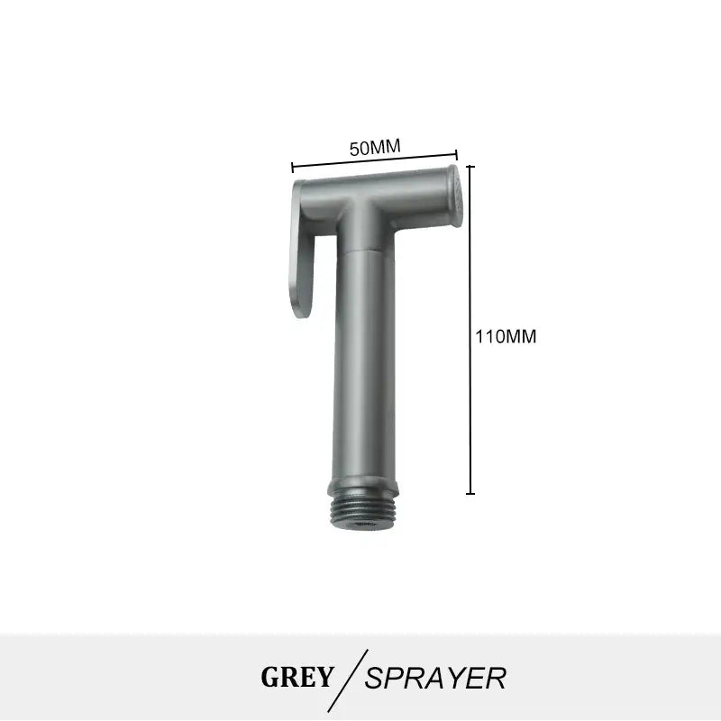 Grey metallic t-shaped handheld bidet spray with threaded base, 50mm width, 110mm height in modern brass spray kit
