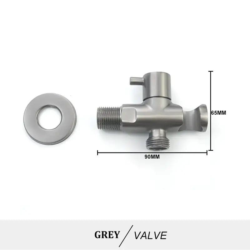 Grey metallic three-way bathroom valve with threaded connections and washer for modern brass bidet spray kit use