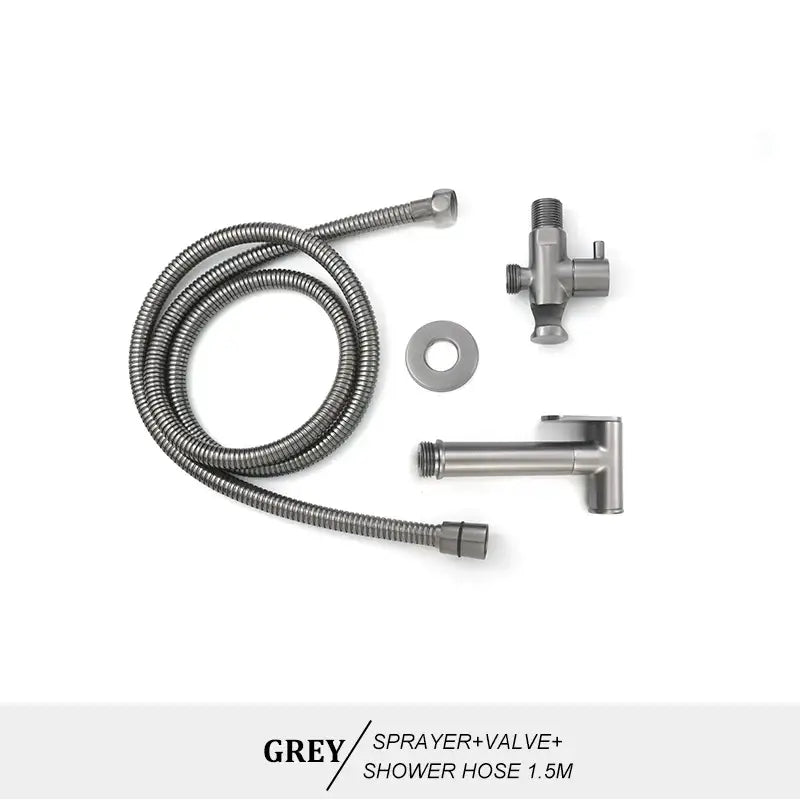 Modern brass bidet spray kit with grey metallic coiled hose and matching valve for bathroom use