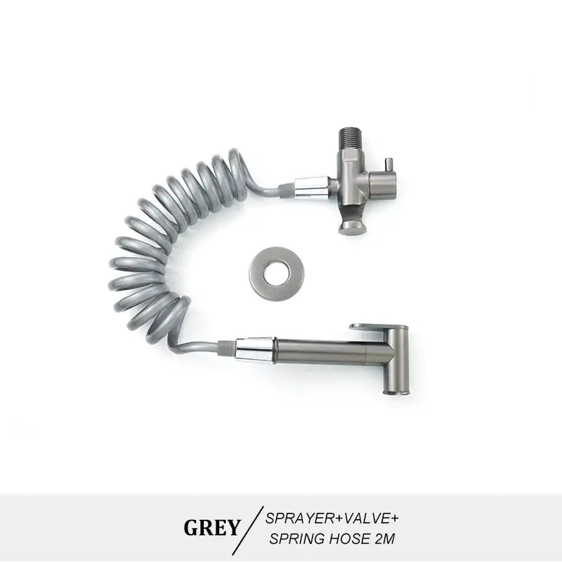 Modern brass bidet spray kit featuring a grey metallic bidet spray with coiled spring hose and valve assembly