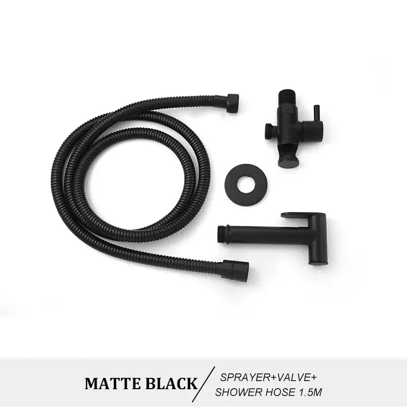 Matte black bidet spray kit with sprayer valve and 1.5 meter flexible coiled hose for modern bathroom use
