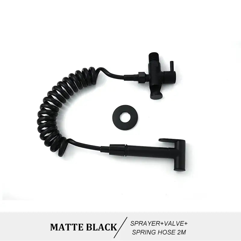 Matte black modern brass bidet spray kit with integrated valve and coiled spring hose for bathroom use