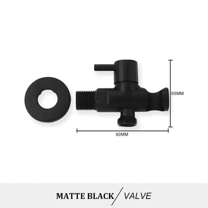 Matte black three-way bathroom valve with matching flange for modern brass bidet spray kit with coiled hose